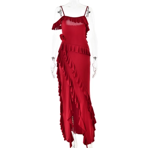 Elegant red sleeveless dress with layered ruffles and floral detail in a stylish silhouette