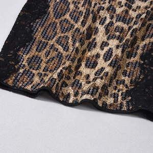 Detail of leopard print sequins and intricate black lace stitching on the slim dress