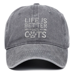 Close-up of Life Is Better With Cats white embroidery on a grey washed cotton baseball cap