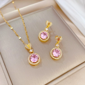 Pink Zircon Round Pendant Necklace And Heart Earrings Silver Earring Post Gold Plated Titanium Steel Jewelry For Women