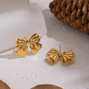 Elegant gold bow-knot stud earrings in polished stainless steel for women