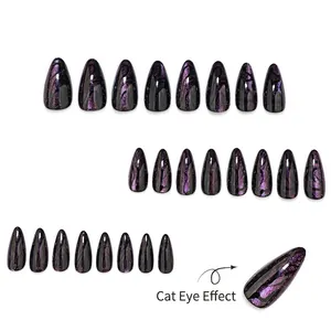 Faux ongles amande œil de chat violet foncé avec effet scintillant galaxie, lot de 24