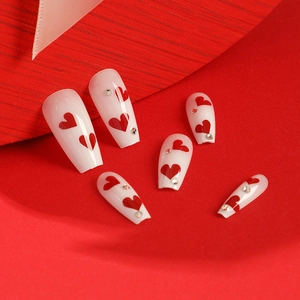 Valentine's long nails with red hearts and rhinestones on milky base set of 6