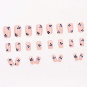 Faux ongles roses à presser avec motifs papillon bleus délicats et tailles variées