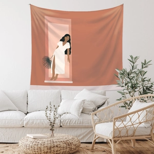 Detail of Bohemian tapestry with modern woman illustration on a warm minimalist wall