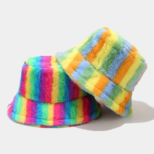 Rainbow striped plush faux fur bucket hat for women with warm winter fuzzy texture