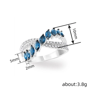 Detailed view showing dimensions of royal marquise ring with blue stones and crystals