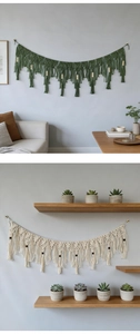 Detail of bohemian macrame wall hanging with geometric knots and elegant tassels