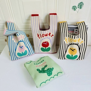 Cute knitted tote bags with floral and cactus patterns in vibrant stripes for women