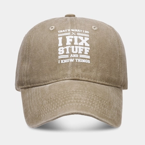 Washed cotton vintage dad hat with I Fix Stuff slogan and tool graphic in khaki