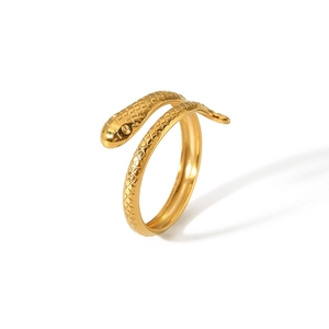 Macro detail of 18K gold plated snake ring showing intricate scale textures and open design