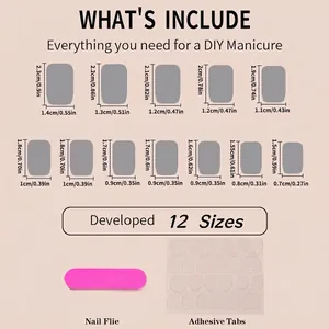 DIY solid light pink press-on nail kit size chart with 12 sizes, file and adhesive tabs