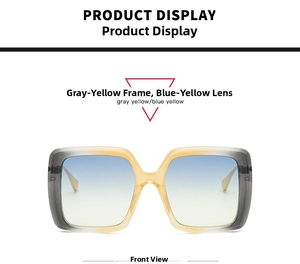 Front view of oversized square sunglasses featuring grey-yellow gradient frames and blue-yellow lenses
