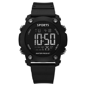 Waterproof digital sports watch for men featuring a large dial and durable black resin strap
