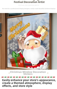 Detail of Christmas Santa and gift box window stickers with Merry Christmas text decoration