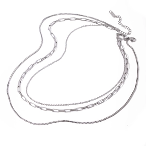 Minimalist triple-layer silver stainless steel necklace with snake and paperclip chains