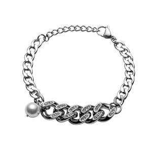 Cuban link chain bracelet with white pearl pendant and rhinestone inlay in silver finish