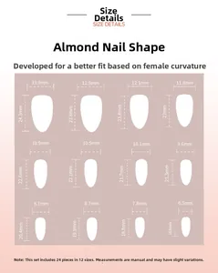 Size chart showing 12 dimensions for almond press-on nails from 6.5mm to 13.9mm