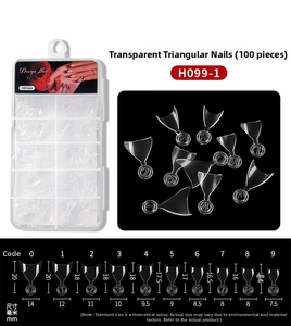 Size chart in mm for clear triangular french nail tips showing length and width details