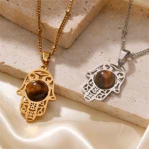 Hamsa Hand Fatima Hand Pendant Necklace For Women Copper Tiger Eye Stone Zirconia Hip Hop Ethnic Jewelry Gold Silver Tone Gift