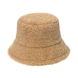 Thick warm camel teddy fleece bucket hat for winter casual wear on white background