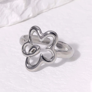 Elegant silver-tone cutout flower ring in polished stainless steel with adjustable open band