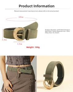 Detail of green PU leather belt featuring vintage gold crescent buckle and 3.5cm width