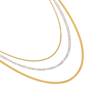 Three-layer necklace set with 18K gold and silver snake, Cuban, and Figaro chains
