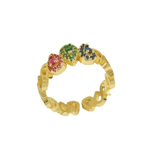 Adjustable 14K gold plated open ring with colorful pear-shaped cubic zirconia accents