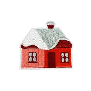 Embroidered Christmas gingerbread house patch with festive red walls and white snowy roof