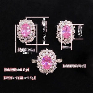 Detail showing dimensions and weight of pink gemstone ring and cluster earrings set