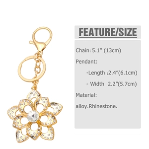 Detail view of rhinestone flower keychain showing dimensions of 6.1 by 5.7 centimeters