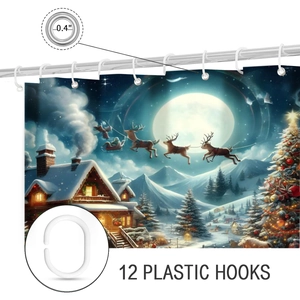 Detail of Christmas shower curtain metal eyelet inner diameter and 12 plastic hooks