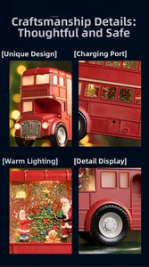 Detail of red Christmas bus lamp showing charging port, festive lights, and snow scene