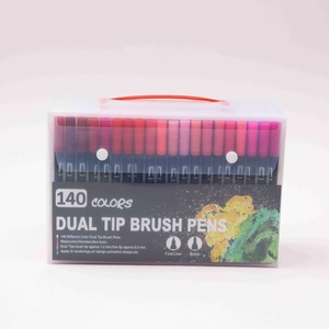 Front view of 140 colors dual tip watercolor brush pens in a portable clear storage box