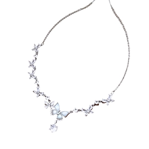 Silver butterfly pendant necklace with blue mother of pearl and zircon stones