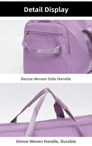Detail of durable nylon handles and reinforced side straps on purple fitness bag