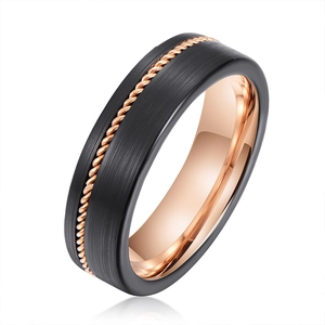 Minimalist tungsten ring featuring black brushed finish and rose gold rope inlay design