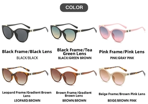 Detail view of cat eye sunglasses in six stylish colors with pearl hinge accents