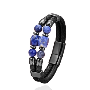 Double-layer men's tiger eye beaded bracelet with black woven leather and magnetic clasp