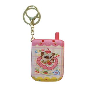 Pink mini phone shaped electric maze game keychain with cute cat cake design