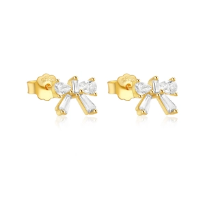 Close-up of S925 sterling silver bow earrings with gold plating and sparkling zircon