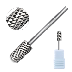 Macro view of silver alloy cylindrical nail drill bit with storage case and detail inlay