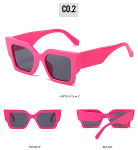 Detailed views of hot pink square sunglasses featuring thick frames and dark lenses