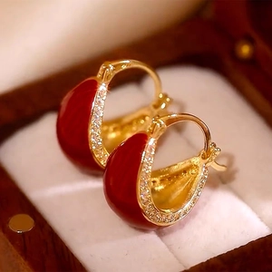 Elegant gold-plated red enamel hoop earrings with inlaid zircons and s925 silver needles