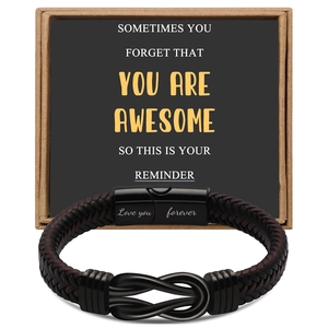 Black braided leather bracelet with infinity clasp and Love you forever engraving in a gift box