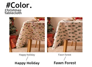 Dual-view of Christmas tablecloths with festive prints of reindeer and colorful pine trees