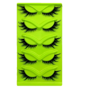 5 pairs of fluffy cat-eye fox eyelashes with dense flared tails on a green base