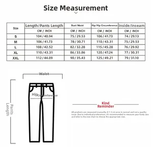 Size guide for cargo parachute pants showing length, waist, hip, and inseam from S to XXL