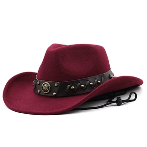 Classic wine red wide brim western cowboy felt hat with vintage metal studs and chin strap